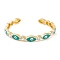 Horse Eye Brass Pave Clear Cubic Zirconia Evil Eye Open Cuff Bangles with Enamel for Women, Real 18K Gold Platend, Dark Turquoise, Inner Diameter: 2-1/8~2-3/8 inch(5.5~6cm), 7mm