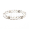 ABS Plastic Pearl & Brass Round Beaded Stretch Bracelet with Clear Rhinestone for Women BJEW-JB08523-02-1