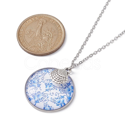 Steel Blue Glass Flat Round & Alloy Pendant Necklace NJEW-JN04453-1