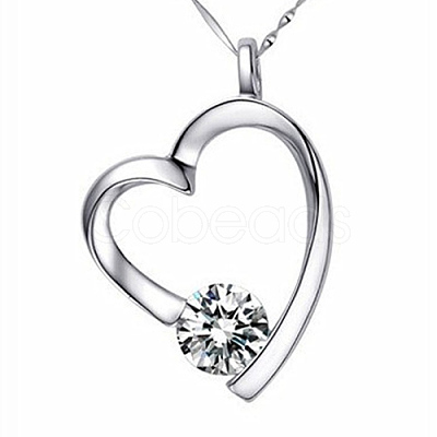 Heart Real Platinum Plated Brass Cubic Zirconia Pendants ZIRC-R014-01-1