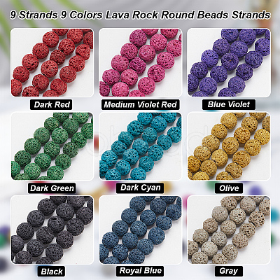 Nbeads 9 Strands 9 Colors Natural Lava Rock Round Beads Strands G-NB0005-37-1