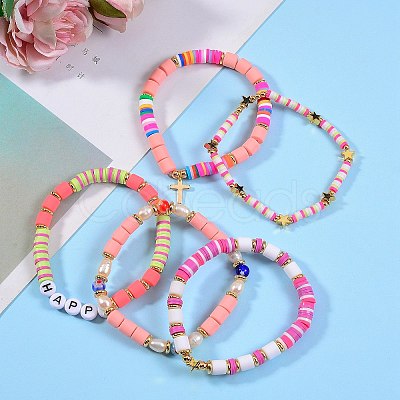 5Pcs 5 Style Handmade Polymer Clay Beads Stretch Bracelets Sets BJEW-SZ0001-77A-1