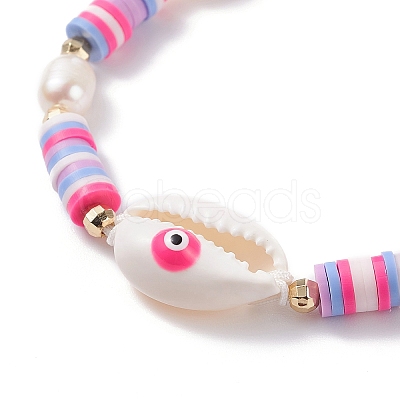 Natual Shell with Evil Eye & Pearl Braided Bead Bracelet BJEW-TA00049-03-1