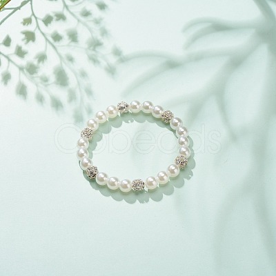 ABS Plastic Pearl & Brass Round Beaded Stretch Bracelet with Clear Rhinestone for Women BJEW-JB08523-02-1