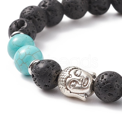 Natural Lava Rock & Synthetic Green Turquoise(Dyed) Stretch Bracelet with Alloy Beaded BJEW-TA00147-04-1