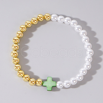 Summer Vacation Style Brass and Plastic Imitation Pearl Bead Bracelet for Women OF8500-5-1