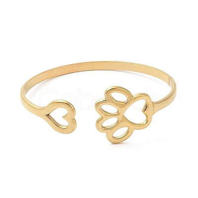 Ion Plating(IP) Hollow Dog Paw Print & Heart 304 Stainless Steel Cuff Bangles for Women BJEW-L682-015G-1