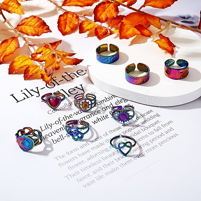 9Pcs 9 Style Rainbow Color 304 Stainless Steel Heart & Star & Word Love Cuff Rings RJEW-SZ0001-20-1