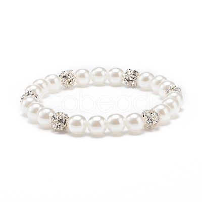 ABS Plastic Pearl & Brass Round Beaded Stretch Bracelet with Clear Rhinestone for Women BJEW-JB08523-02-1