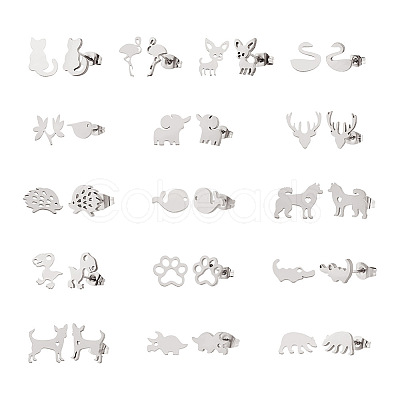 Crafans 16 Pairs 16 Style Crocodiles & Dog & Swan & Hedgehog & Dinosaur & Bird 304 Stainless Steel Stud Earrings EJEW-CF0001-02P-1