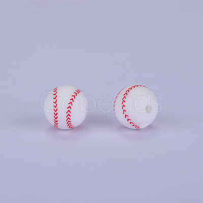 Printed Round with Baseball Pattern Silicone Focal Beads SI-JX0056A-104-1