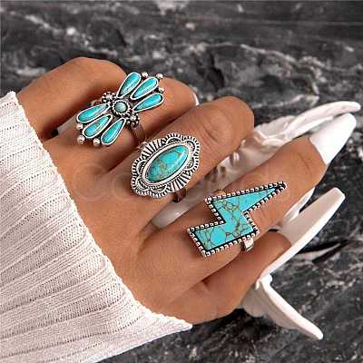 3Pcs 3 Style Synthetic Turquoise Ring Sets for Women PW-WG14783-02-1