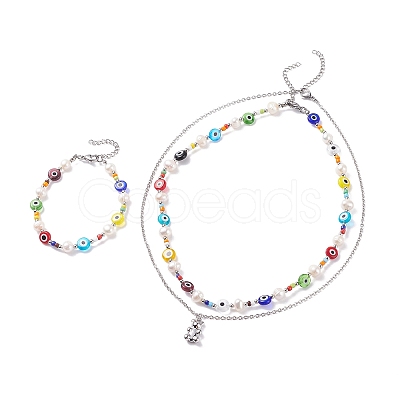 Natural Pearl and Evil Eye Jewelry Set with Bear Pendant SJEW-TA00004-1