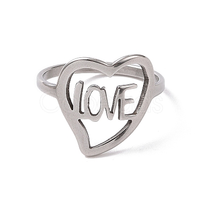 Non-Tarnish 201 Stainless Steel Heart with Word Love Finger Ring RJEW-J051-38P-1