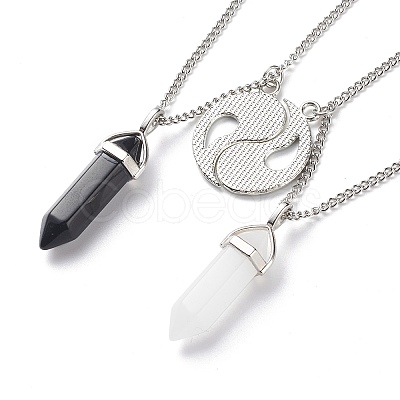 2Pcs 2 Style Natural White Jade & Black Obsidian Bullet Pendant Necklaces Set NJEW-JN03994-03-1