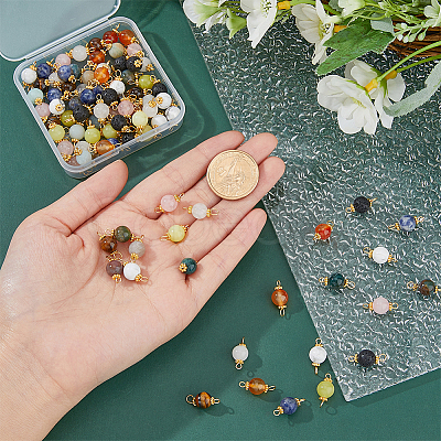 100Pcs 10 Styles Natural Mixed Gemstone Round Link Connector Charms PALLOY-FH00004-1