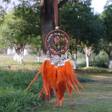 Natural Carnelian Chips Woven Net/Web with Feather Pendant Decoration WICH-PW0001-39B-1