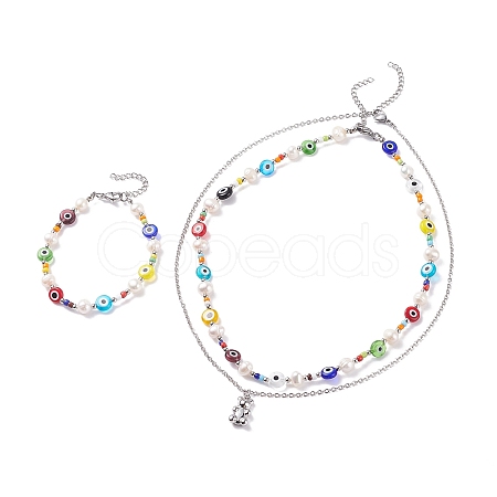 Natural Pearl and Evil Eye Jewelry Set with Bear Pendant SJEW-TA00004-1