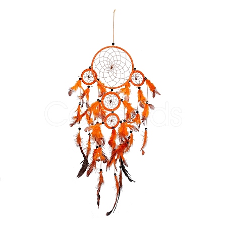 Handmade Round Polyester Woven Net/Web with Feather Wall Hanging Decoration HJEW-G015-01-1