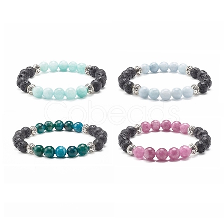 Natural Chalcedony & Natural Lava Rock Round Beads Stretch Bracelet for Her BJEW-JB06920-1