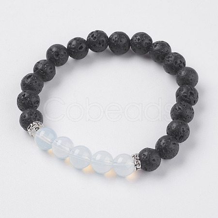 Natural Lava Rock and Opalite Beads Stretch Bracelets BJEW-E326-10L-1