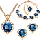 Glass Heart Jewelry Set, Light Gold Alloy Pendant Necklace & Chain Bracelet & Stud Earrings & Adjustable Ring, Blue, 450mm, 11x12mm, Inner Diameter: 17mm, 230mm