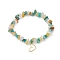 Natural Mixed Stone Chips Beaded Stretch Bracelets, Heart Brass Charm Bracelets for Women, Inner Diameter: 2-1/8 inch(5.35cm)