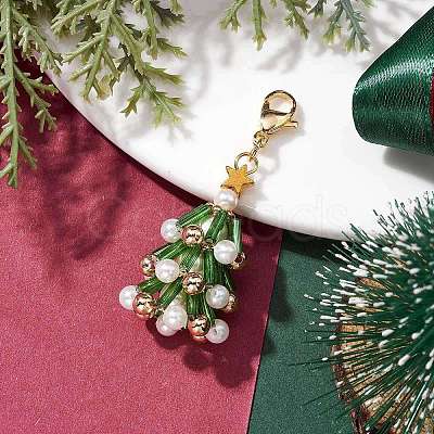 Christmas Tree Glass & Shell Pearl Pendant Decorations HJEW-TA00182-01-1