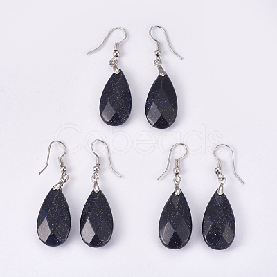 Synthetic Blue Goldstone Dangle Earrings EJEW-P150-A08-1