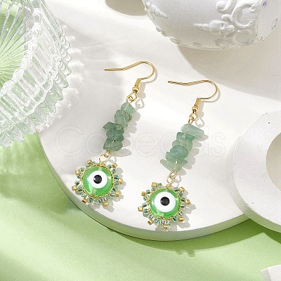 Evil Eye Natural Green Aventurine Chip & Seed Beads Dangle Earrings EJEW-MZ00166-04-1