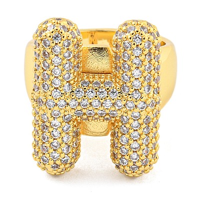 Brass Micro Pave Clear Cubic Zirconia Letter Open Cuff Ring for Women RJEW-M173-01G-H-1