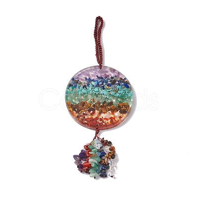 Flat Round Chakra Resin Gemstone Pendant Decorations HJEW-G017-01G-1