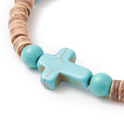 Coconut & Cross Dyed Synthetic Turquoise Beaded Stretch Bracelet for Men Women BJEW-JB09293-1