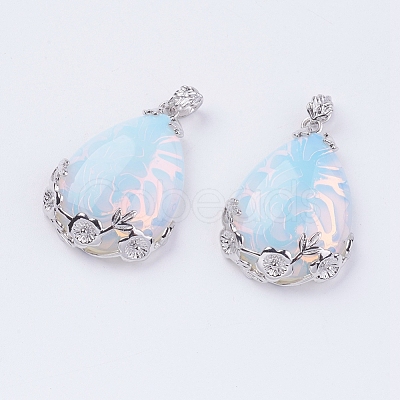 Teardrop with Flower Platinum Plated Brass Opalite Pendants G-F228-37H-RS-1