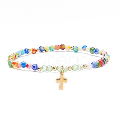 Millefiori Glass Beaded Stretch Bracelet with 304 Stainless Steel Cross Charm for Women BJEW-JB08521-1