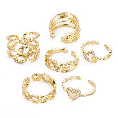 6Pcs 6 Styles Brass Micro Pave Clear Cubic Zirconia Cuff Rings RJEW-LS0001-45G-1