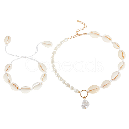 ANATTASOUL Natural Shell Braided Bead Bracelet & Imitation Pearl Pendant Necklace SJEW-AN0001-17-1