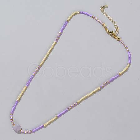 Summer Beach Style Natural Amethyst & Colorful Seed Beads Beaded Necklace for Women KD2923-3-1