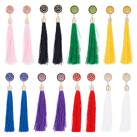 ANATTASOUL 8 Pairs 8 Colors Rose with Cotton Tassel Dangle Stud Earrings EJEW-AN0001-68-1