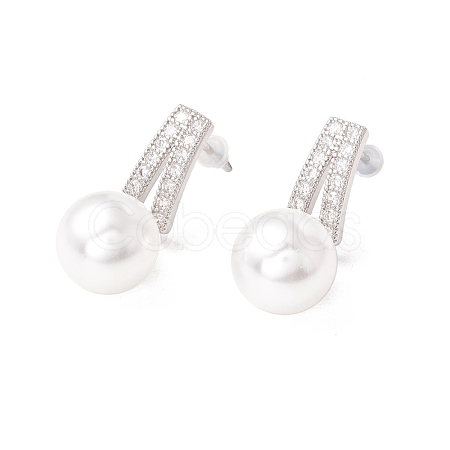 Cubic Zirconia Stud Earrings with Glass Pearl EJEW-H086-06P-1