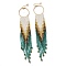 Bohemia Woven Glass Seed Bead Dangle Earrings, Tassel Chandelier Iron Earrings for Women, Medium Turquoise, 145~150mm