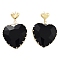 Glass Heart Dangle Stud Earrings, Light Gold Brass Earrings, Black, 40x27.5mm