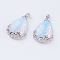 Teardrop with Flower Platinum Plated Brass Opalite Pendants, Cadmium Free & Lead Free, 38x27x9mm, Hole: 4x7.5mm