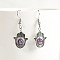 Natural Crystal Stone Hamsa Hand & Round Dangle Earrings, Handmade Sweet Ear Jewelry, Platinum, Purple