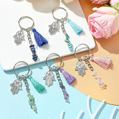 Natural Rose Quartz & Prehnite & Natural Lapis Lazuli & Natural Amethyst  & Natural Howlite Chip Beaded Tassel Pendant Keychain KEYC-JKC00851-1