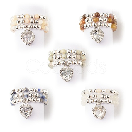3Pcs 3 Style Natural Gemstone & Synthetic Hematite Beaded Finger Rings with Clear Cubic Zirconia Heart Charms for Women RJEW-JR00472-1