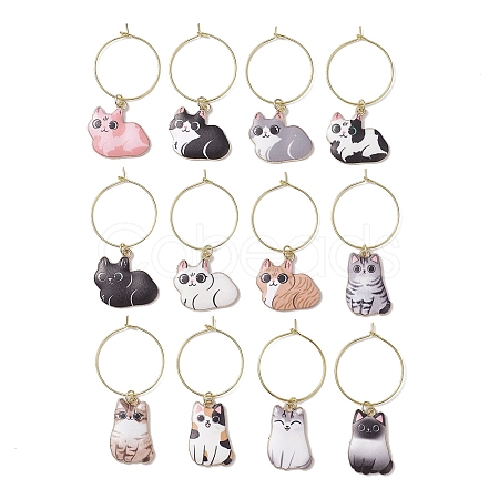 12pcs Cat Alloy Pendants Wine Glass Charms Sets AJEW-JO00251-1