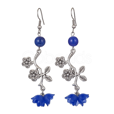 Natural Dyed Mashan Jade Flower with Acrylic Beaded Dangle Earrings EJEW-JE05419-03-1