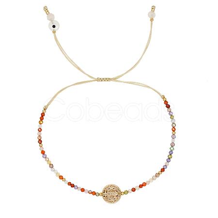 Brass Saint Benedict Medal & Glass Braided Bead Bracelet QY3324-1