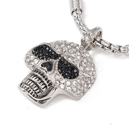 Rhinestone Skull Pendant Necklace with Natural Black Agate Beads NJEW-B083-01-1